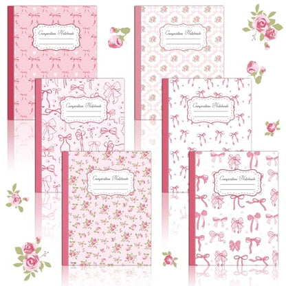 6 Pack Pink Bow Composition Notebooks, Preppy Cute Coquette Notebook,9-3/4 x 7-1/2" Aesthetic College Ruled Journal Back to School Teacher Gifts First Day of School Favors, 110 Pages - color: Pink