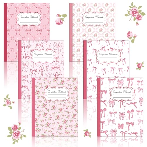 6 Pack Pink Bow Composition Notebooks, Preppy Cute Coquette Notebook,9-3/4 x 7-1/2" Aesthetic College Ruled Journal Back to School Teacher Gifts First Day of School Favors, 110 Pages - color: Pink
