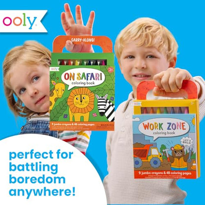 Ooly Kids Travel Activity Kit – 9 Jumbo Crayons & 48 Coloring Pages, Car Crafts for Kids, Mess-Free Road Trip Art Set, Airplane Activities – Safari - color: Safari