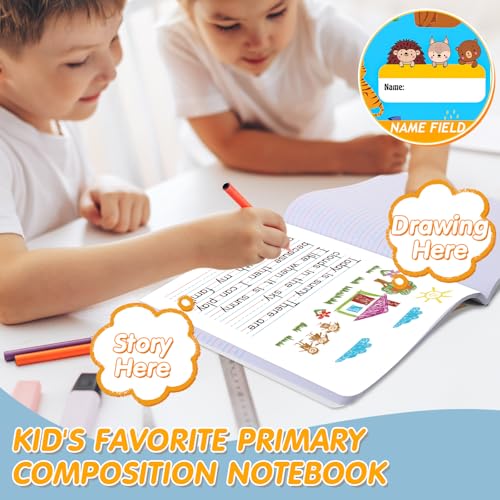 Watersay 3 Pcs Primary Composition Notebook K-2 with Picture Space Primary Journal Grades K-2 Animal Print 50 Sheet (100 Pages) Drawing and Writing Notebook for Preschool, 1st 2nd Grade (Blue Color)