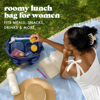 Fit & Fresh Remi Lunch Bag for Women Work – Neoprene Lunch Tote with Containers & Ice Pack, Reusable Meal Prep Lunch Box, Large Capacity, Machine Washable - color: Navy