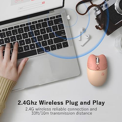 Wireless Compact Silent Mouse with Cute Cat Designs, 2.4GHz Plug and Play Wireless Opatical Mouse with USB Nano Receiver for Laptop/PC/Computer (Milk Tea Cat) - color: Milk Tea