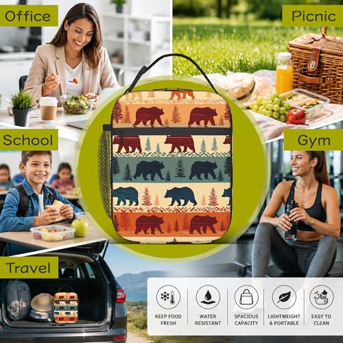 Rustic Forest Bear Kids Lunch Bag Insulated Lunch Box Cooler Freezable Meal Prep Bag with Shoulder Strap Waterproof Lunch Container for Boys Girls School Office Picnic - color: Rustic Forest Bear