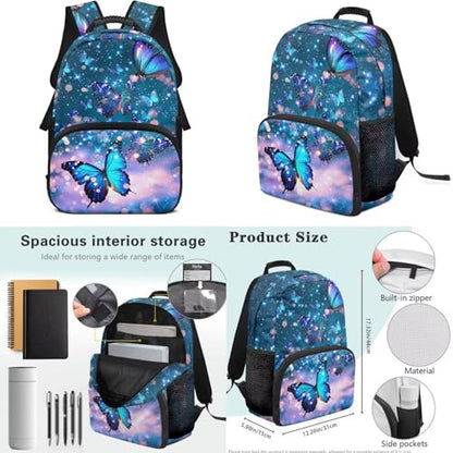Blue Butterfly Backpack Set for Girls 6-12, Elementary Kids School Bookbag with Insulated Lunch Box, Pencil Case & Water Bottle Holder for Back to School - color: Blue Butterfly