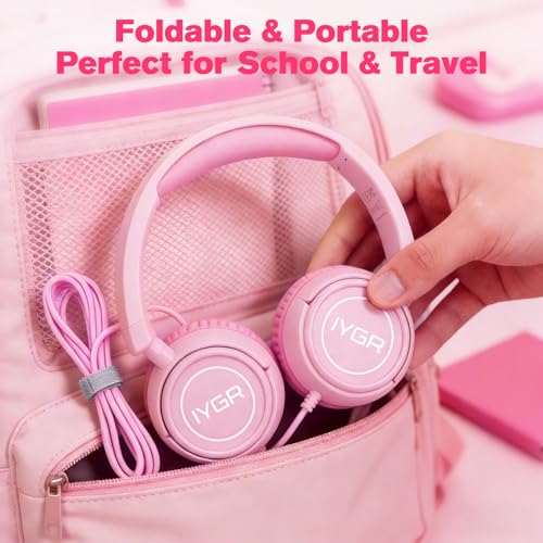 K6C Kids Headphones with USB-C, for Toddler & Kids Ages 2-12, 85dB Safe Volume Limited, Adjustable Headband & Foldable Wired, On-Ear Headphones for School, Travel, Tablet, iPad - color: Pink