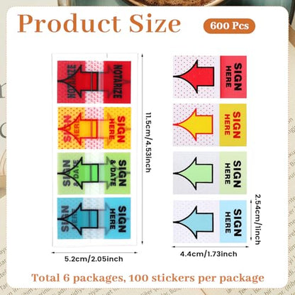 600 Pcs/6 Pack Sign Here Tabs, Colorful Adhesive Sign Here Flags Stickers, Arrow Labels Sign Here Stickers for Annotating Books, Arrow Sticky Notes for School Office Home Documents Notebooks Supplies - style: style 2
