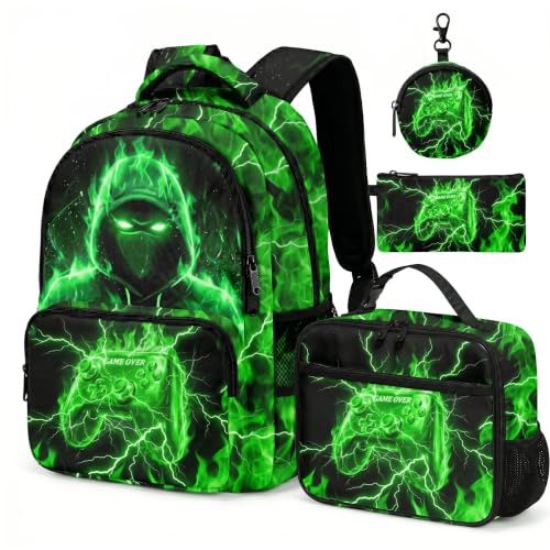 Game Backpack Set for Boys Kids, Gaming Kids Boys Backpack with Lunch Box, Pencil Bag and Coin Purse. Game School Bag 17" (Green) - color: Green-2