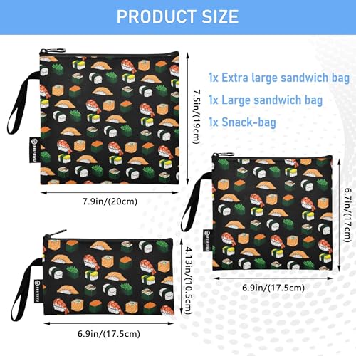 Reusable Food Storage Bags Sushi Black 3 Pack Set Lunch Bag Compact Sandwich Snack Bag Small Medium Large for Lunch, Travel & Organization - color: Bag 22