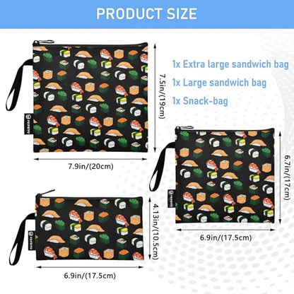 Reusable Food Storage Bags Sushi Black 3 Pack Set Lunch Bag Compact Sandwich Snack Bag Small Medium Large for Lunch, Travel & Organization - color: Bag 22