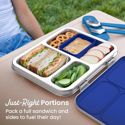 Bentgo Kids Stainless Steel Prints Leak-Resistant Lunch Box - 3-Compartments with Bonus Silicone Container, Durable, Eco-Friendly, Dishwasher Safe, BPA-Free, Ideal for School, Ages 3+ (Shark) - color: Shark