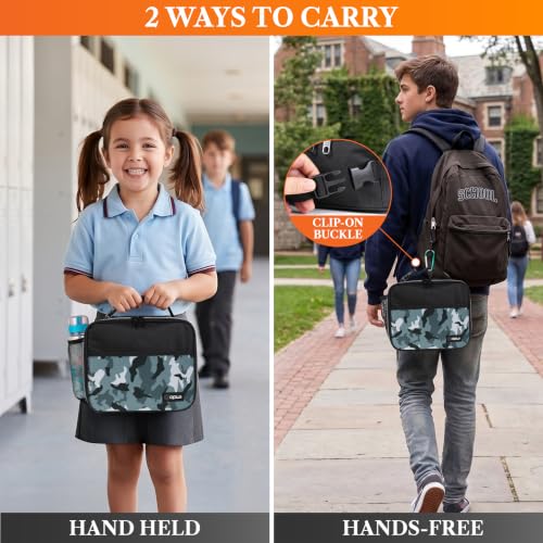 opux Insulated Lunch Bag for Kids, Reusable Lunch Box for School with Leakproof Lining, Compact Soft Cooler Tote for Boys & Girls, Front Pocket, Mesh Side Bottle Holder (Camo Green) - color: Camo Green