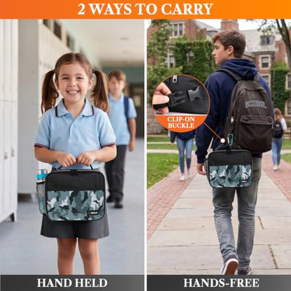 opux Insulated Lunch Bag for Kids, Reusable Lunch Box for School with Leakproof Lining, Compact Soft Cooler Tote for Boys & Girls, Front Pocket, Mesh Side Bottle Holder (Camo Green) - color: Camo Green