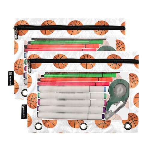 Basketball Pencil Pouches for 3 Ring Binder, Zipper Binder Pencil Case, 2 Pack Clear Window Case Bag for Office Organizers - color: Basketball
