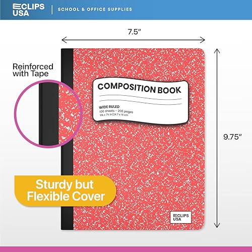 E-CLIPS USA Wide Ruled Composition Notebook Wide Ruled Hardcover Notebooks for School Supplies Notebooks Bulk Hardcover Notebook Pastel 100 Sheets 200 Pages 9.75” x 7.25” (24 Pack, Wide Ruled) - size: 24 Pack