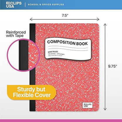 E-CLIPS USA Wide Ruled Composition Notebook Wide Ruled Hardcover Notebooks for School Supplies Notebooks Bulk Hardcover Notebook Pastel 100 Sheets 200 Pages 9.75” x 7.25” (48 Pack, Wide Ruled) - size: 48 Pack