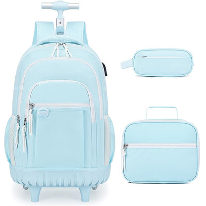 DIGOBAY Rolling Backpack for Girls, Cute Girls Backpack with Wheels, Kids Wheeled backpacks Set with Lunch Bag Pencil Case for Teen Girl, Roller School Bag with Wheels for Elementary Middle School - color: Blue