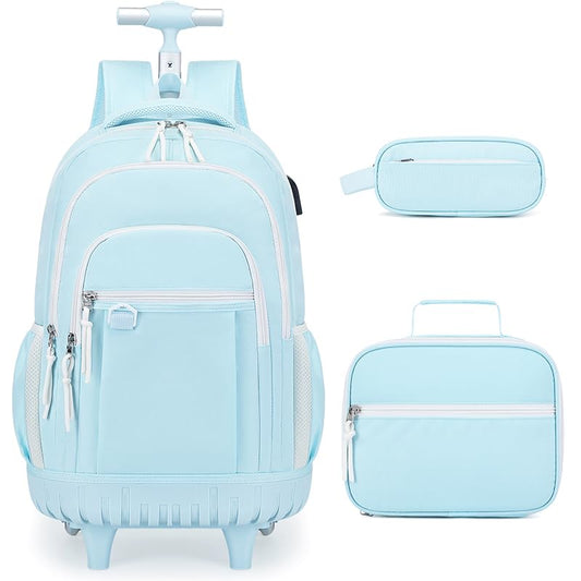 DIGOBAY Rolling Backpack for Girls, Cute Girls Backpack with Wheels, Kids Wheeled backpacks Set with Lunch Bag Pencil Case for Teen Girl, Roller School Bag with Wheels for Elementary Middle School - color: Blue