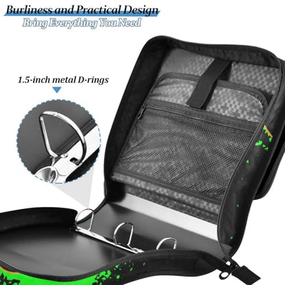 Green and Black Video Game Zipper Binder Bag 3 Ring with Handle Shoulder Strap, Binder File Organizer Bag Storage Case for School Work Office