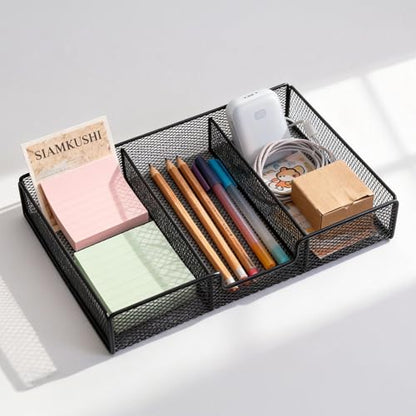 Desk Drawer Organizer Tray, Office Junk Drawer Organizer with 3 Compartments, Metal Mesh Dividers Pen Pencil Storage Box for Office Supplies Desk Accessories Workspace School Cosmetic Organization