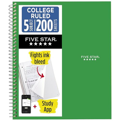Five Star Spiral Notebook + Study App, 5 Subject, College Ruled Paper, 8.5" x 11", 200 Sheets, Green (Color May Vary) (72079) - color: Green, size: 1 Count (Pack of 1)