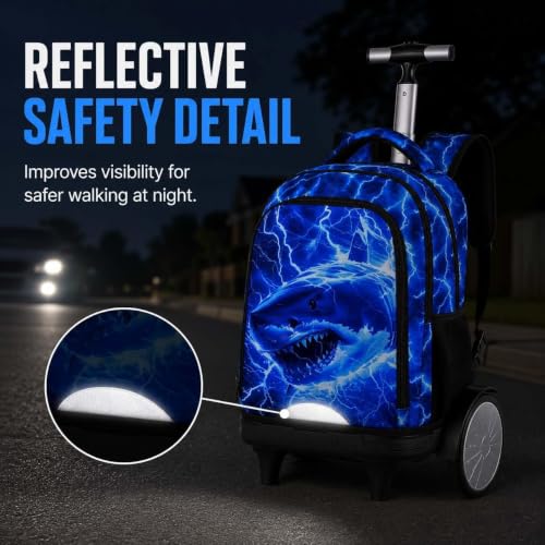 3Pcs Large Rolling Backpack for Boys, 20 Inch Detachable Wheeled Bookbag with Lunch Box, Durable Lightning Shark Roller Backpack for Elementary Middle School (Blue) - color: Large Wheels Shark Blue