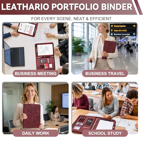 Leathario Portfolio Binder, Includes 5 Sheet Protectors and a Pen, 13 Inch Tablets Organizer, Vegan Leather A4 Padfolio, Multi-Pocket Notepad Business Planner Professional Document - color: Relief Red