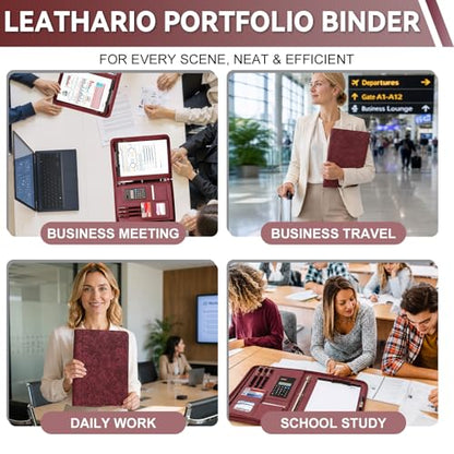Leathario Portfolio Binder, Includes 5 Sheet Protectors and a Pen, 13 Inch Tablets Organizer, Vegan Leather A4 Padfolio, Multi-Pocket Notepad Business Planner Professional Document - color: Relief Red