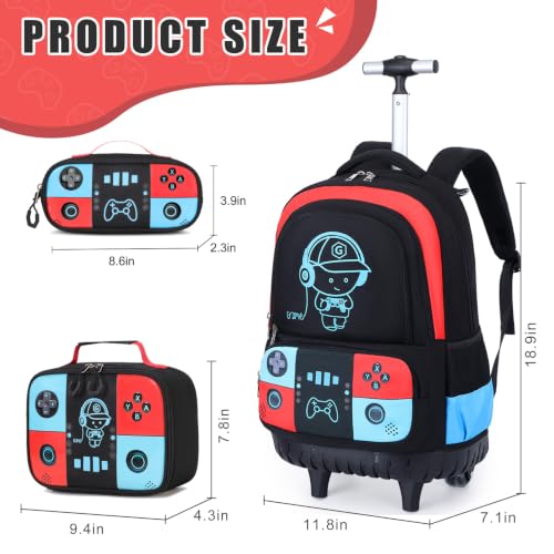 Bevalsa Rolling Backpack for Boys,Cool Luminous Gamer Roller School Backpacks with Lunch Box & Pencil Case,Kids Wheeled Schoolbag Bookbag with Wheels for Kindergarten Elementary School Travel - color: Red Blue