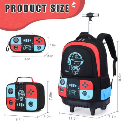 Bevalsa Rolling Backpack for Boys,Cool Luminous Gamer Roller School Backpacks with Lunch Box & Pencil Case,Kids Wheeled Schoolbag Bookbag with Wheels for Kindergarten Elementary School Travel - color: Red Blue