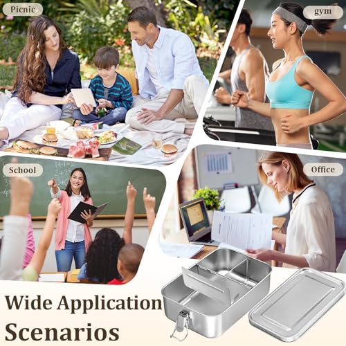 Qtencas Stainless Steel Lunch Box, 47oz / 1.4L Stainless Steel Bento Box | Metal Lunch Bento Box with Removable Dividers, Leakproof Condiment Containers, Dishwashing Sponge and Foldable Sporks - size: 47oz