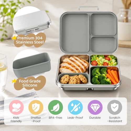 Pawtong Stainless Steel Bento Box for Kids and Adults, 3 Compartment Leakproof Lunch Box with Removable Silicone Seal and Silicone Contianer, Metal Lunch Container for School, Work and Travel (Grey) - color: Gray