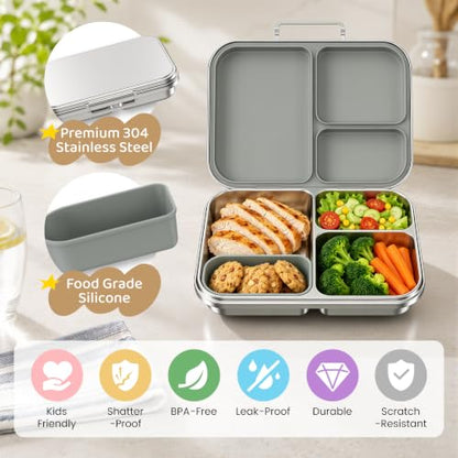 Pawtong Stainless Steel Bento Box for Kids and Adults, 3 Compartment Leakproof Lunch Box with Removable Silicone Seal and Silicone Contianer, Metal Lunch Container for School, Work and Travel (Grey) - color: Gray