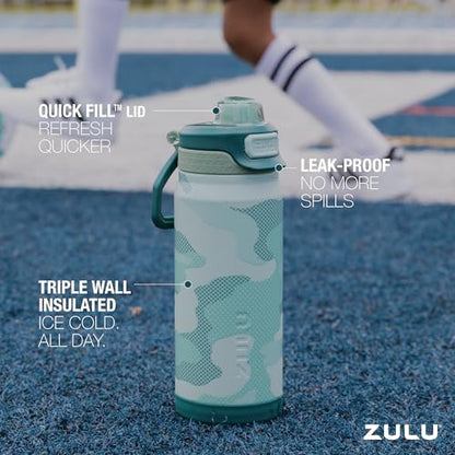 ZULU Powerfill Pro 18oz Kids Stainless Steel Water Bottle with Quick Fill Lid, Triple Wall Vacuum Insulated, Leak Proof Locking Lid, Sip & Chug, Reusable, BPA Free, Dishwasher Safe, Green Camo - color: Green Camo