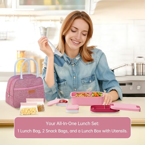 JBGOYON 4-in-1 Bento Box and Insulated Lunch Bag Set, Pink | 6-hour insulation, 7.5 L lunch bag, leakproof 1.9 L container with 2 sauce cups, fork and spoon, 2 snack bags, BPA-fre - color: Pink