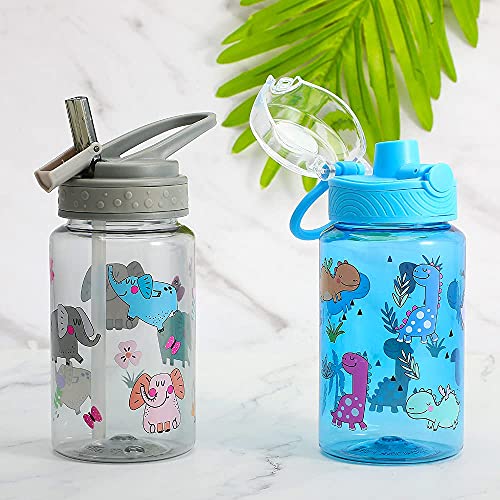 16oz Kids Water Drinking Bottle - Tritan BPA Free, Auto Flip Chug Lid, Sip Straw Lid, Carry Loop, Lightweight, Leak-Proof, Cute Design Girls & Boys - 2 Pack Elephant & Dinosaur - color: Elephant & Dinosaur