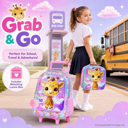 HPJGD 3PCS Giraffe Rolling Backpack for Girls, Kids School Backpacks with Wheels, Water Resistant UV Printed Roller Wheeled Bookbag Set - color: Glittering Priting Yellow Giraffe Rolling Backpack