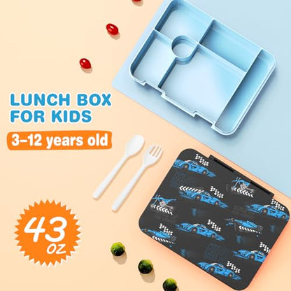 ACESAK Boys Backpack - Racing Car Bento Box with Insulated Lunch Bag Pencil Case & Utensils Set for Kids, 6 Leakproof Compartments Removable Tray Lunches or Snack Container - color: Blue Car