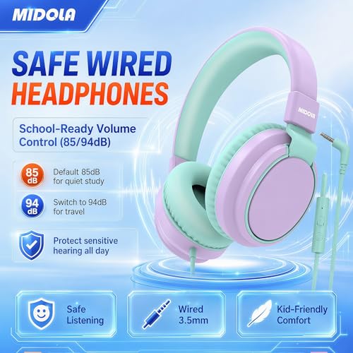 MIDOLA Kids Headphones for School Learning,Volume Limited 85/94dB, Foldable Lightweight Over-Ear Wired Headphones for Kids Toddler Girls Boys 3.5mm for Pad,Headsets with Built-in Mic Light Purple - color: LightPurple