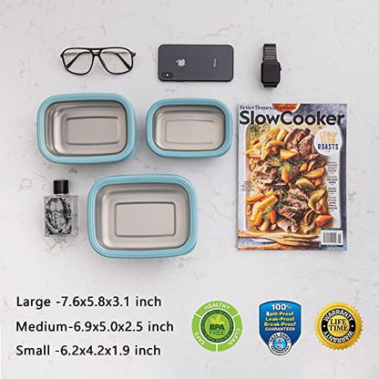 Lille Home Leak Proof Steel Food Containers - Snack Stainless Steel Containers - Ideal for Educational Settings & Daycare - Nesting Trio with Silicone Lids - 47oz+30oz+16oz - Dark Blue - color: Dark Blue