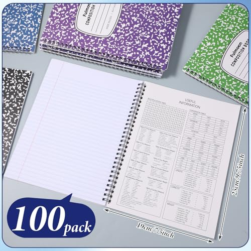 Fulmoon 100 Pack Bulk Spiral Composition Notebooks, Hard Cover, Wide Ruled Paper, 9-3/4 x 7-1/2 Inches, 60 Pages (30 Sheets), Assorted Marble Cover Composition Notebooks for School College Office - color: 5 Color, size: Wide Ruled 7.5 x 9.75 Inches