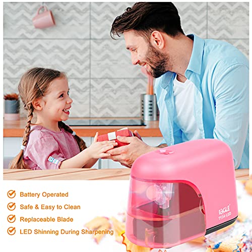 Eagle Electric Pencil Sharpener, Battery Powered Sharpener, LED Light Shinning During Sharpening, Portable, with Reusable and Replaceable Blade, Suitable for Kids, Ideal School Office Supplies (Pink) - color: Pink