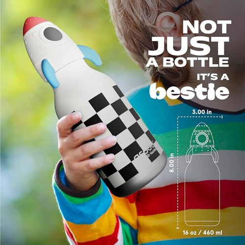 asobu Bestie Bottle Insulated Stainless Steel Water Bottle with Detachable Soft Animal Head Fun Drinking For Kids and Teens with Flexible Reusable Straw 16 Ounce - color: Rocket Bottle