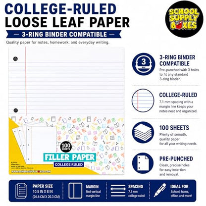 School Supply Boxes | College-Ruled Loose Leaf Paper | 12 Pack | 100 Sheets Per Pack, 3-Ring Binder Compatible - color: College-Ruled, size: 12 Pack