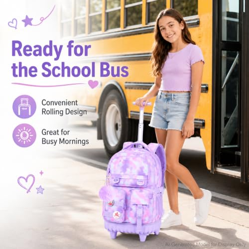 WZLVO 3PCS Backpack with Wheels, Water Resistance Girls Rolling Bookbag, Women Aesthetic Roller School Bag Set with Lunch Box & Pencil Bag for Teens & Kids - Purple Tie Dye Cloud - color: 3pcs Girls Rolling Backpack - Purple Tie Dye Cloud
