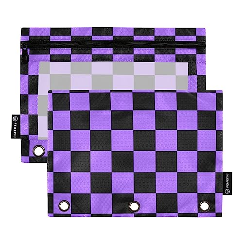 Emelivor Checkerboard Black Purple Plaid Pencil Pouch for 3 Ring Binder 2 Pcs Pockets Pencil Pouches Bag with Clear Pencil Case Cosmetic Bag for College Office Daily Supplies - color: Colored006