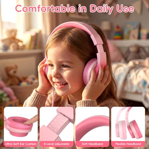 Candy Bila USB C Kids Headphones for School, 85dB Volume Limited, Wired Over-Ear Headphones for Kids, Adjustable Headband, Foldable Design for Travel, iPad, Tablet, Chromebook, Gradient Light Pink - color: Gradient Light Pink