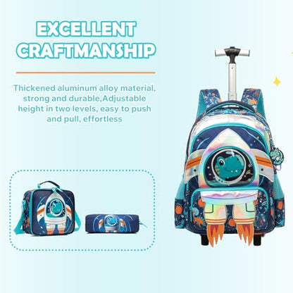 Kids Rolling Backpack for Boys Space Shuttle Trolley Suitcases Luggage with Wheels Bookbag Wheeled 3pcs Preschool Students Elementary Teenagers Lunch Box Pencil Case Blue for Age 5-10 - color: Blue-0201-houjian
