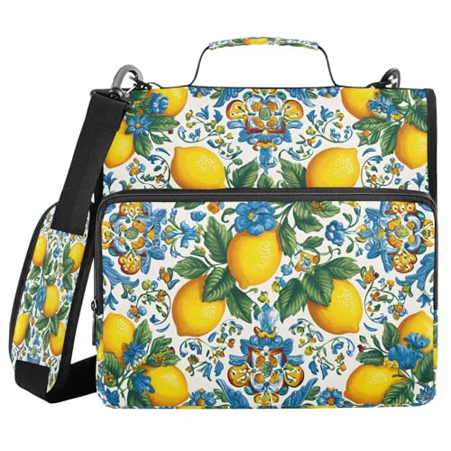 3 Ring Zipper Binder Lemon Yellow Blue Bohemian Binders Bag with Shoulder Strap 500 Sheets Paper Organizer Trapper Keeper Documents Storage File Folder for School Office - color: A2810