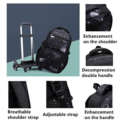 VIDOSCLA Elementary Galaxy Teens Rolling Backpack Kids Boys Luggage with Wheels Trolly BookBag for School-6 Wheels - color: Black Blue-6 Wheels, style: 6 Wheels