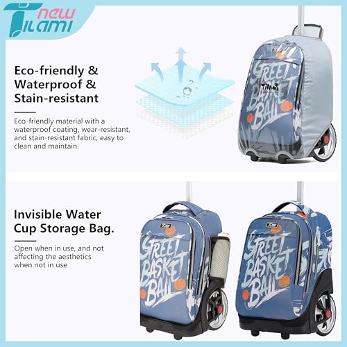 NEW TILAMI 19 inch Rolling Backpack Teens Rolling Backpack Cute Wheeled Laptop Backpack Bookbag Roller Travel Bag College, Basketball Street - color: Blue Basketball Street